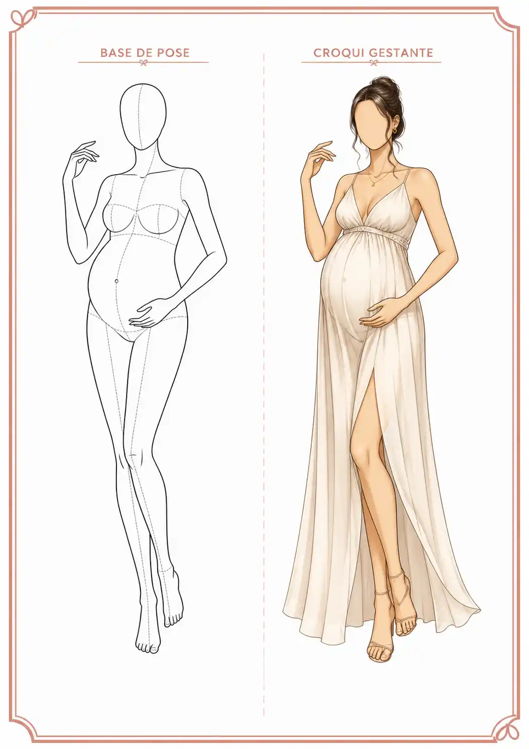 Base de pose de gestante ao lado do croqui de moda finalizado