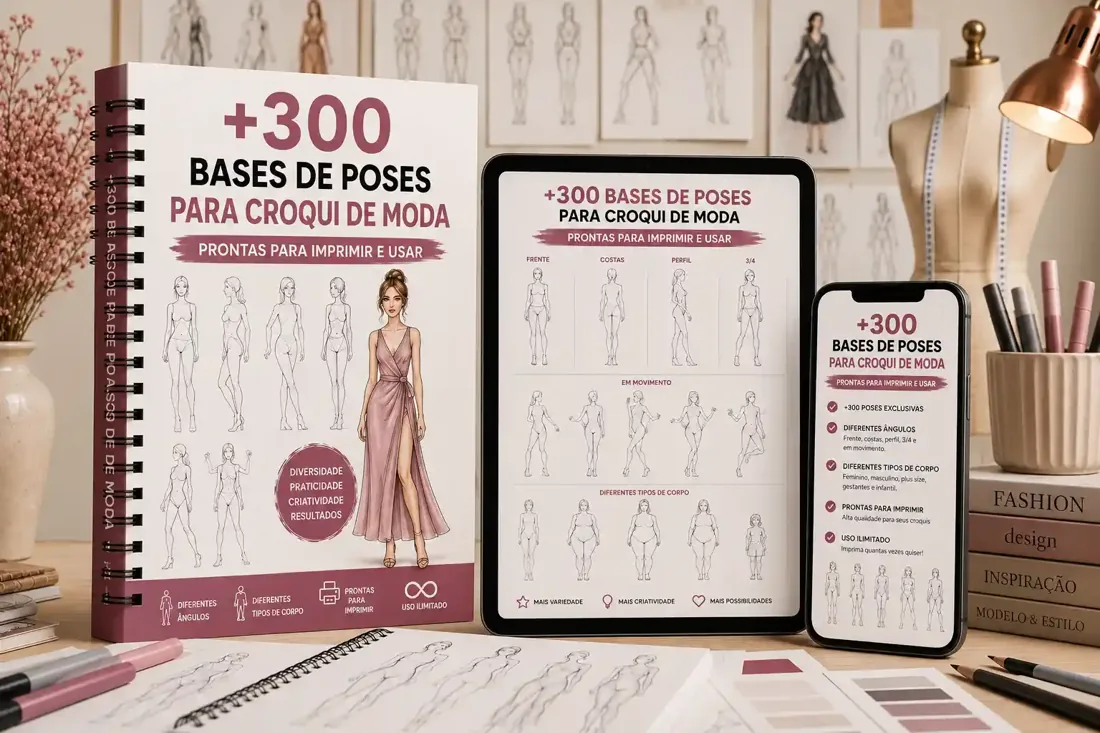 Material principal com as mais de 300 bases de poses para croqui de moda